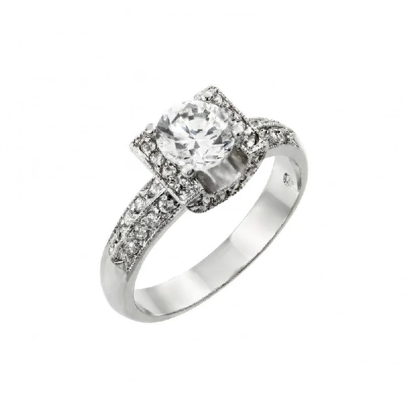 Trendy Engagement Ring Sets-Silver 925 Rhodium Plated Clear Round Center and Pave Set CZ Square Ring - BGR00895