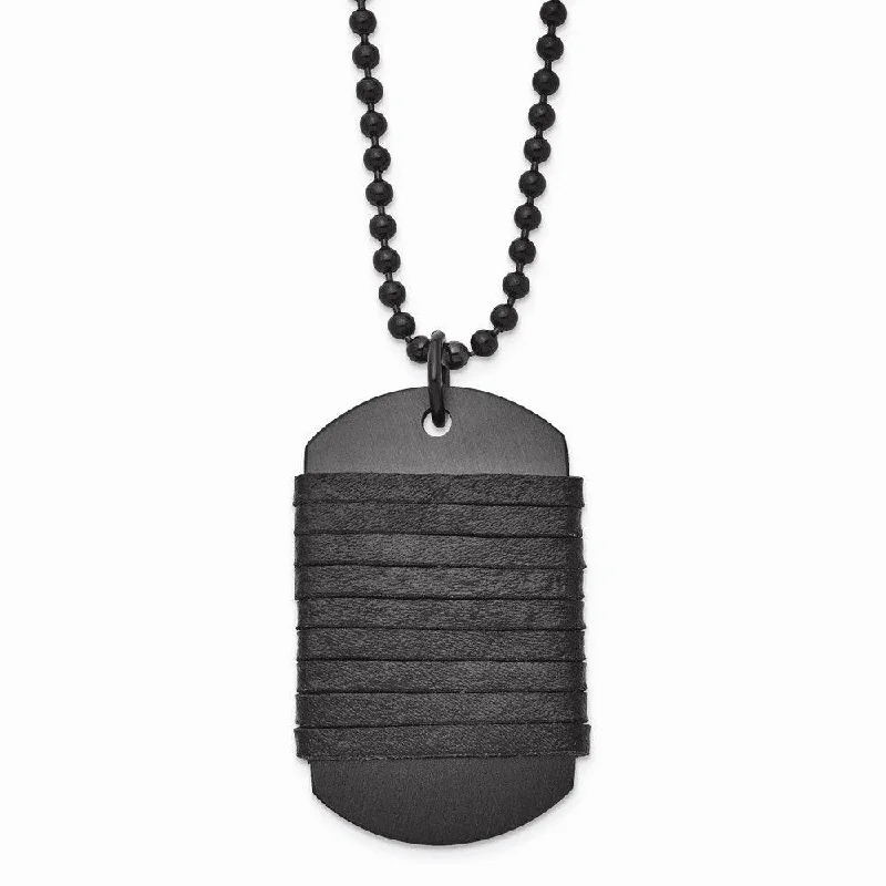 Designer Gemstone Necklaces-Stainless Steel Brushed Dog Tag Wrapped Leather Necklace