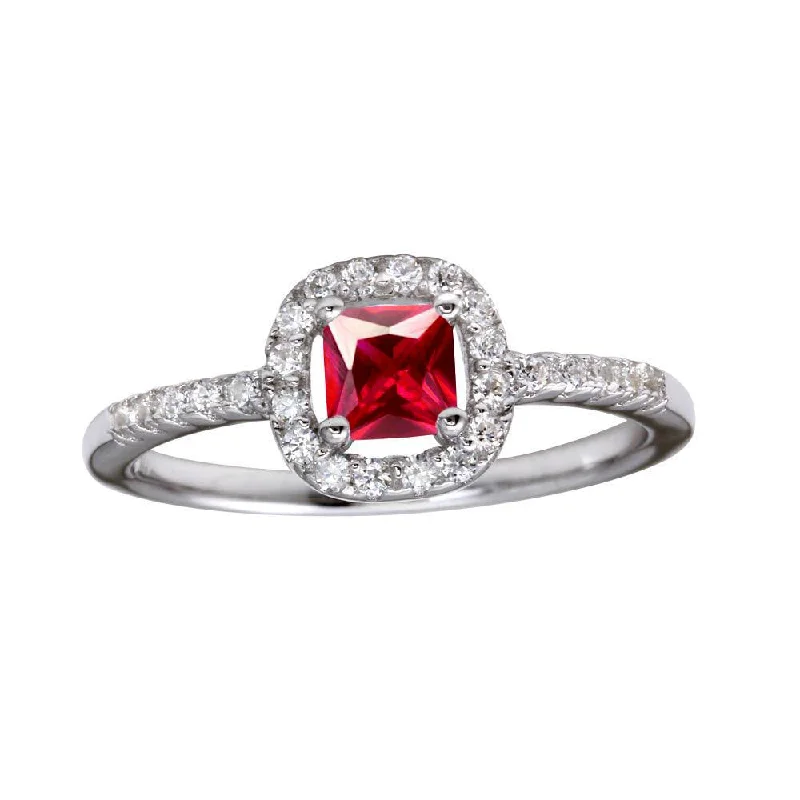 Classic Silver Engagement Rings-Rhodium Plated 925 Sterling Silver Square Clear and Red CZ Center Stone Ring - BGR01222RED