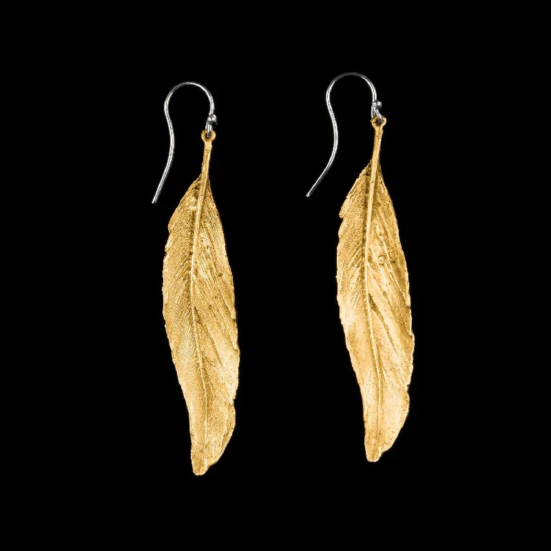 Vibrant Drop Earrings-Feather Earring - Long Single Wire Gold