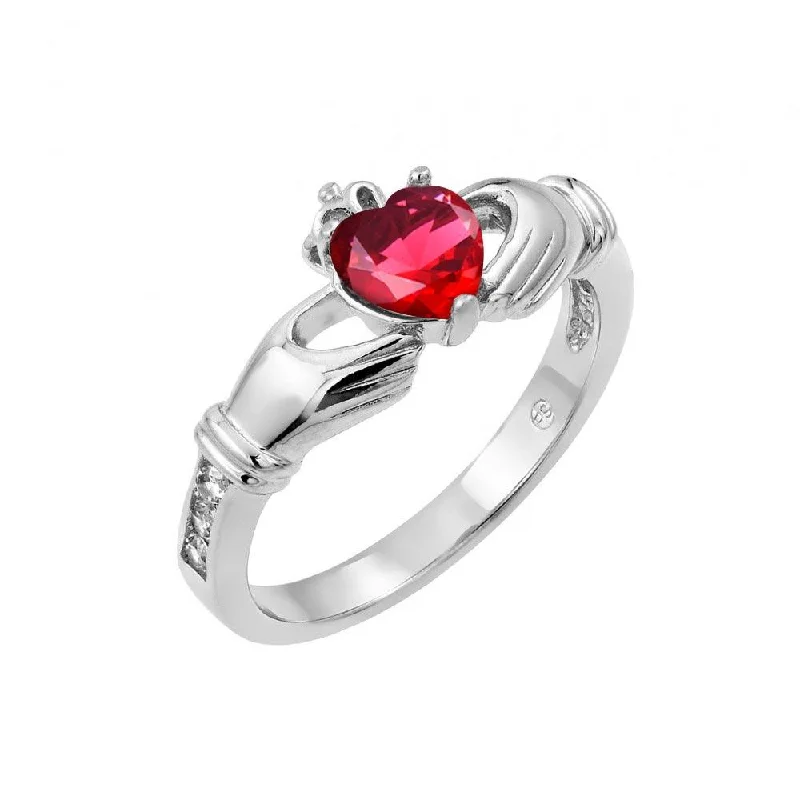 Customizable Diamond Rings-Silver 925 Rhodium Plated Red Heart CZ Claddagh Ring - BGR00491RED