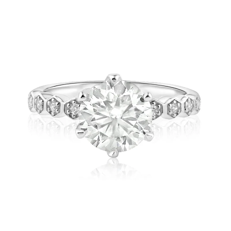 Elegant Silver Wedding Bands-Rhodium Plated 925 Sterling Silver 2 Carat Round Moissanite and Clear CZ Ring - MBGR00006