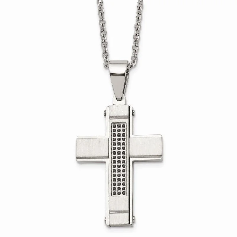 Designer Silver Pendant Necklaces-Stainless Steel Brushed and Polished w/ Black CZ Cross Necklace