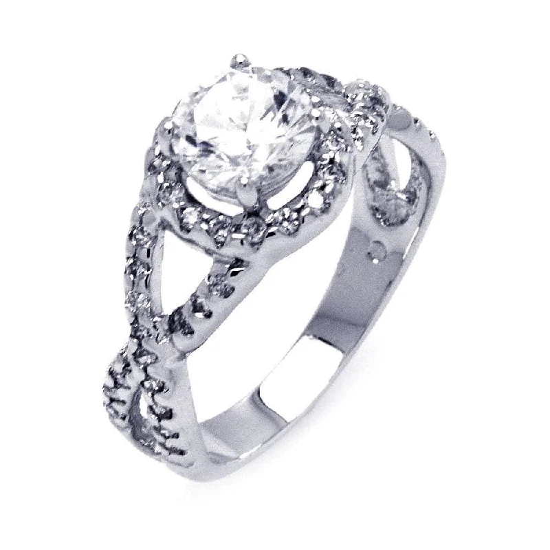 Simple Silver Rings-Silver 925 Rhodium Plated Clear Center CZ Wave Side Bridal Ring - BGR00404