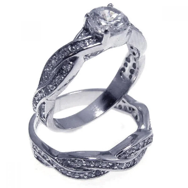 Elegant Wedding Ring Sets-Silver 925 Rhodium Plated CZ Ring Pair Set - STR00544