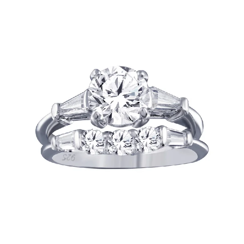 Modern Diamond Rings-Rhodium Plated 925 Sterling Silver Clear Baguette Round CZ Bridal Ring Set - BGR00092