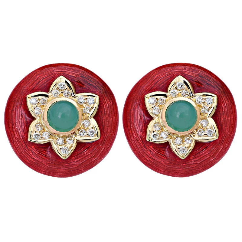 Vintage Style Stud Earrings-Earrings-Chrysoprase and Diamond (Enamel)