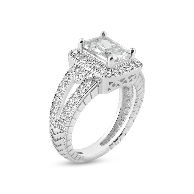 Trendy Engagement Rings-Silver 925 Rhodium Plated Micro Pave Clear Cluster CZ Square Ring - ACR00006