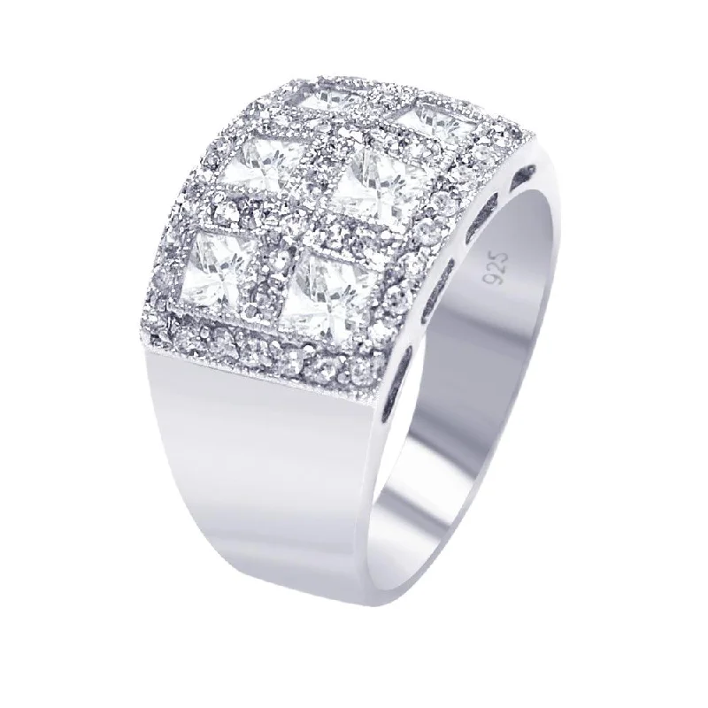 Unique Engagement Rings-Silver 925 Rhodium Plated Clear Square Pave CZ Cigar Band Bling Ring - AAR0055