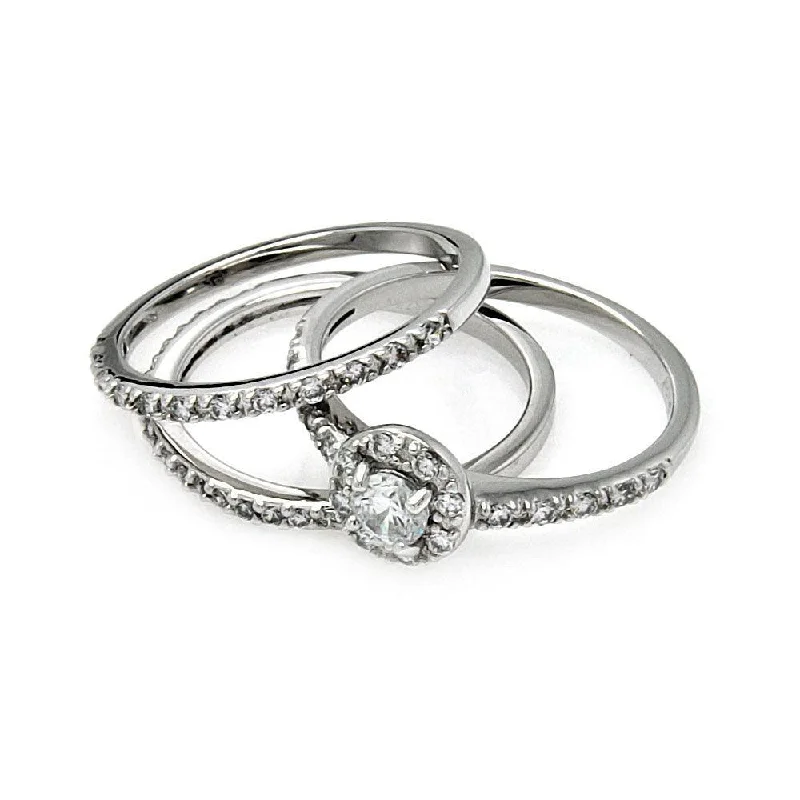 Classic Solitaire Rings-Silver 925 Rhodium Plated Clear Cluster CZ Bridal Stackable Ring Set - BGR00450