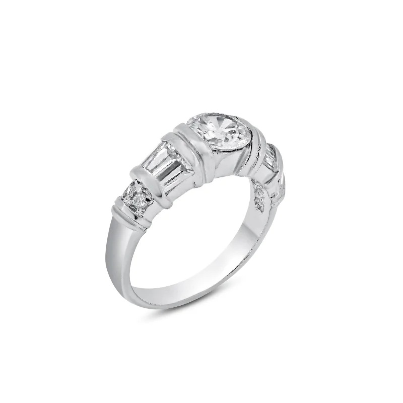 Adjustable Wedding Bands-Rhodium Plated 925 Sterling Silver Clear Baguette Round CZ Ring - BGR00007