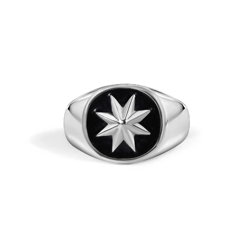 Luxury Gold Wedding Rings-925 Sterling Silver High Polished Octagram Star Black Enamel Ring - SOR00038