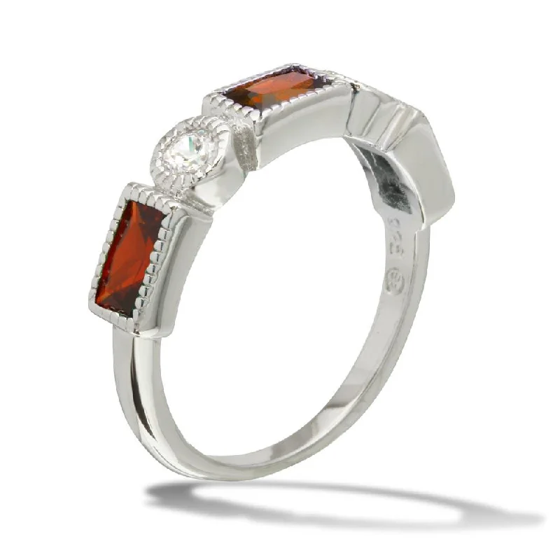 Fine Wedding Bands-Rhodium Plated 925 Sterling Silver Alternating Red Rectangle and Clear Round CZ Ring - BGR01111RED