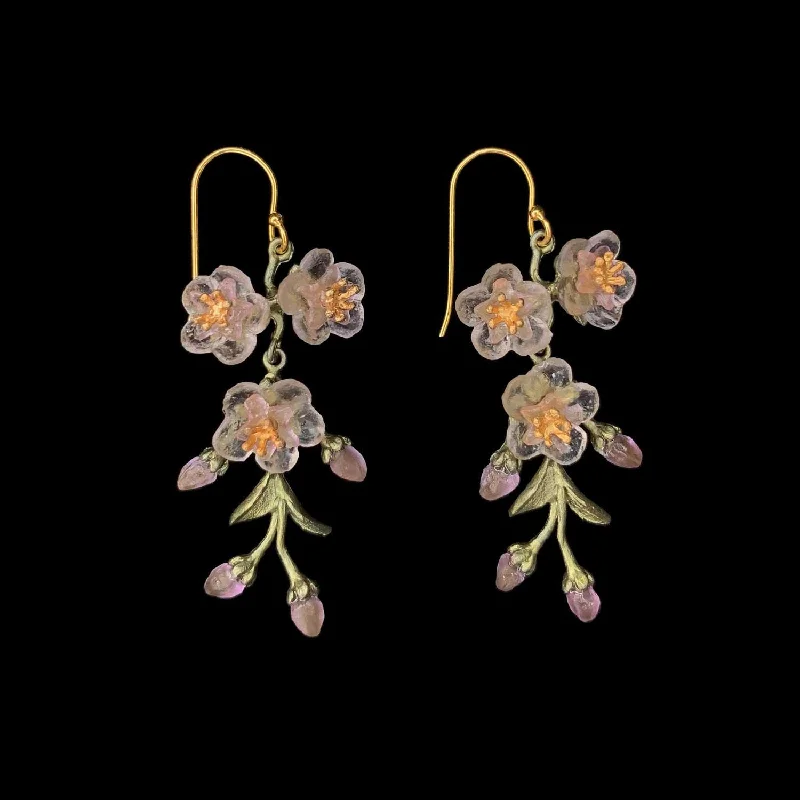 Gold Stud Earrings-Peach Blossom Earrings - 3-Flower Drop Wire