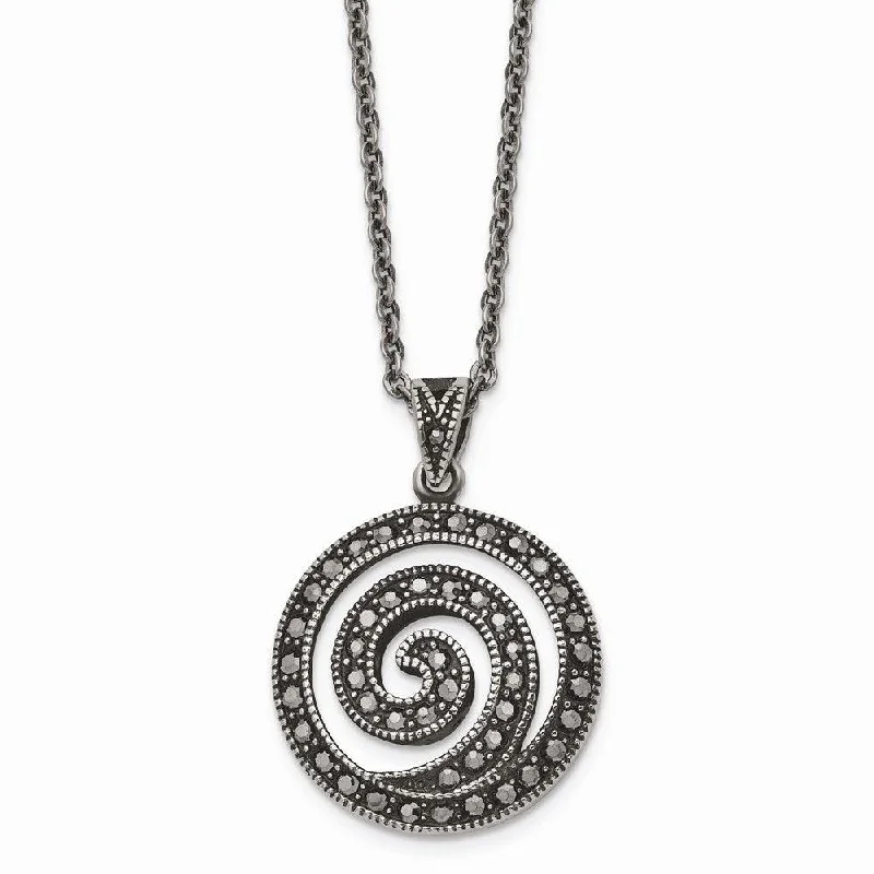 Classic Silver Chain Necklaces-Stainless Steel Marcasite and Antiqued Swirl Necklace