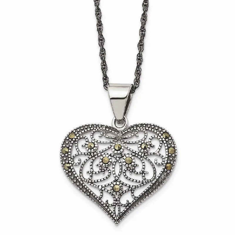 Sparkling Gold Chain Necklaces-Stainless Steel Marcasite Textured Heart Necklace