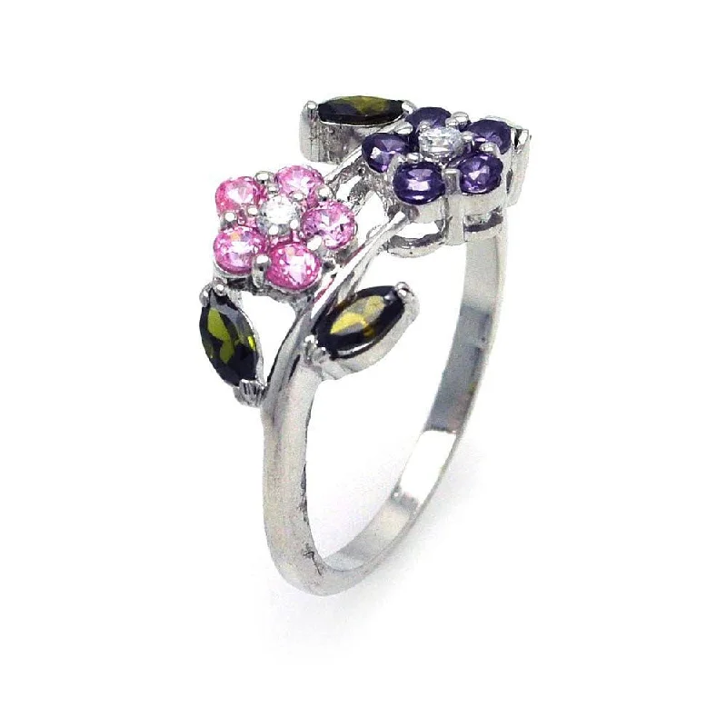 Wedding Ring Sets for Brides-Silver 925 Rhodium Plated Multi Colored CZ Flower Ring - STR00509