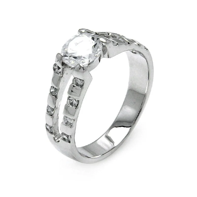 Fine Wedding Bands-Silver 925 Rhodium Plated Clear Round Center CZ Bridal Ring - BGR00520