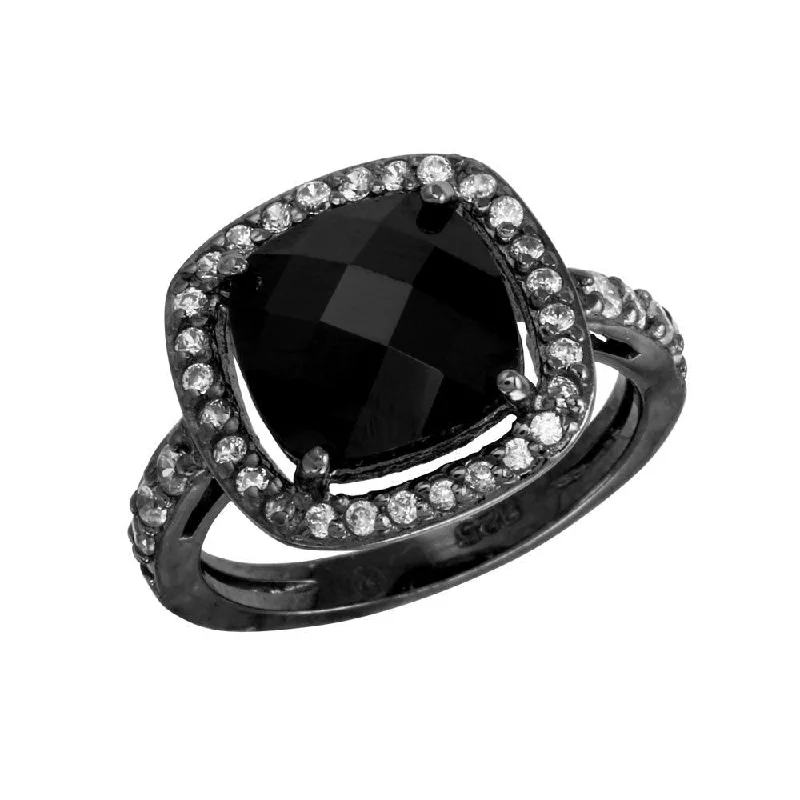 Customizable Engagement Bands-Black Rhodium Plated 925 Sterling Silver Square Halo Black CZ Center Ring - STR00597BLK