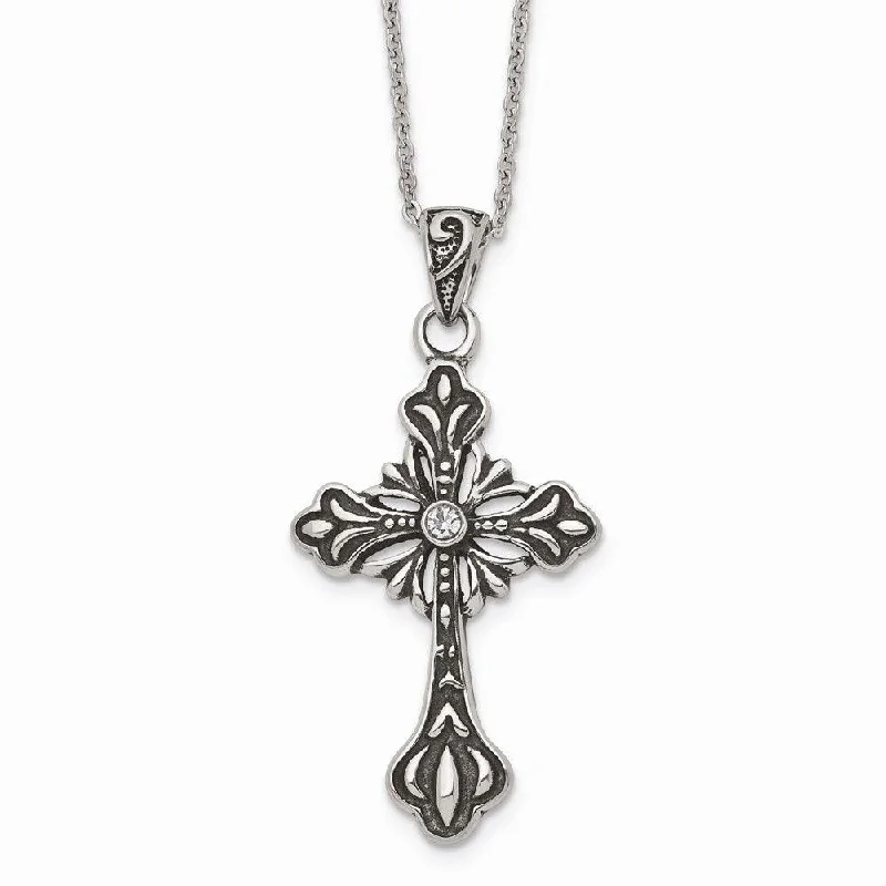 Luxury Wedding Necklaces-Stainless Steel Antiqued and Polished w/Crystal Cross Necklace