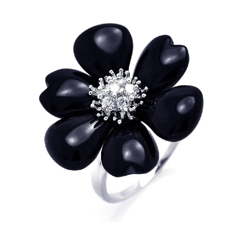 Designer Diamond Rings-Silver 925 Rhodium Plated Black Onyx Clear CZ Flower Ring - BGR00257