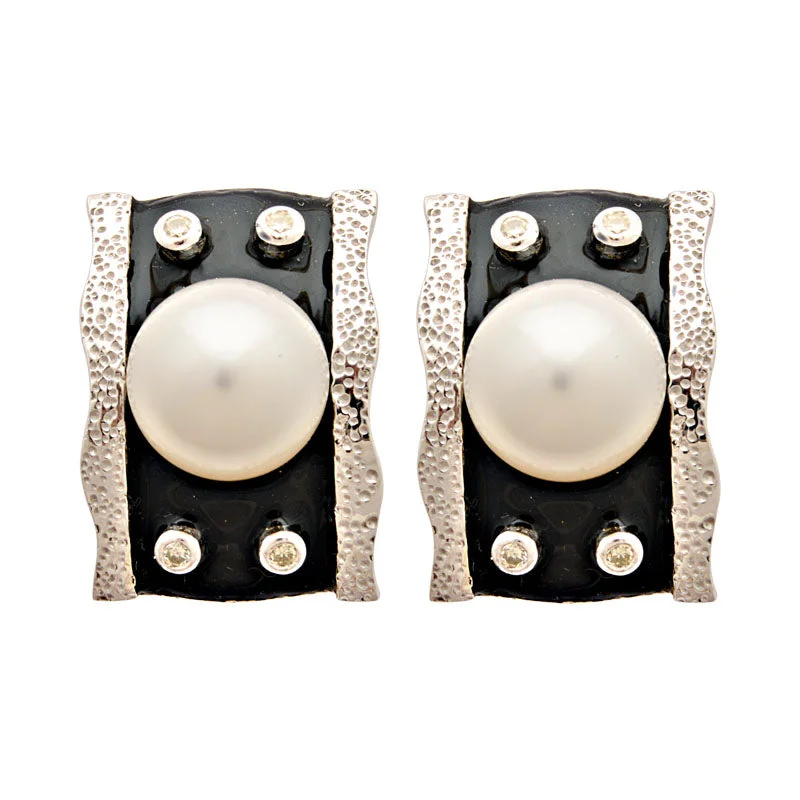 Designer Earrings-Earrings-South Sea Pearl and Diamond (Enamel)