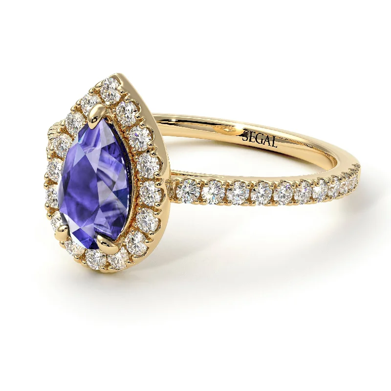 Luxury Gold Wedding Rings-Pear Shaped Halo Tanzanite Ring - Janet No. 201