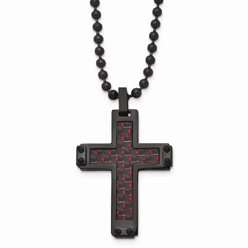 Large Gold Pendant Necklaces-Stainless Steel Polished Black IP Blk/Red Carbon Fiber Inlay Cross Necklace