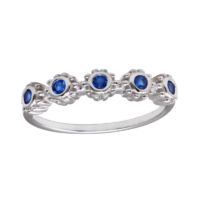 Dainty Wedding Bands-Rhodium Plated 925 Sterling Silver 5 Flower Blue CZ Ring - BGR01224BLU