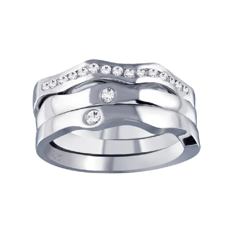 Handcrafted Wedding Bands-Silver 925 Rhodium Plated Clear CZ Stackable Ring Set - AAR0048