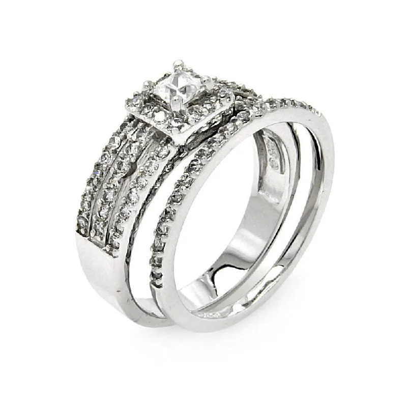 Adjustable Diamond Rings-Silver 925 Rhodium Plated 3 Row Clear Square Center CZ Bridal Ring Set - BGR00457