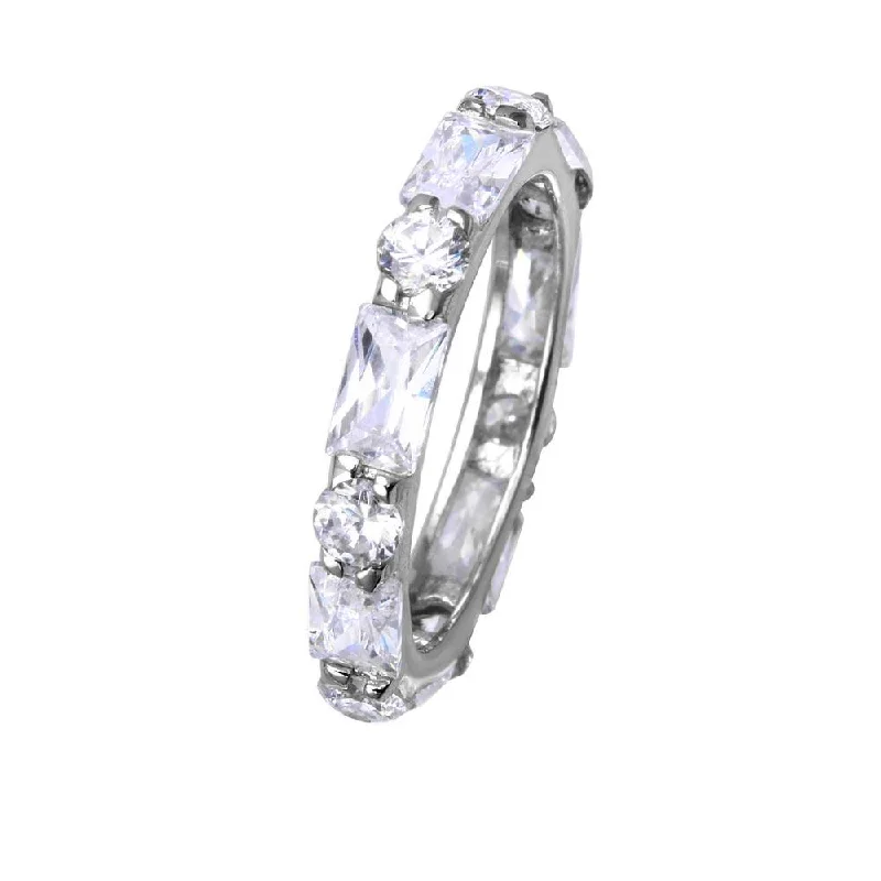 Silver Engagement Rings-Silver 925 Rhodium Plated Clear Baguette Clear CZ Eternity Ring - STR00516