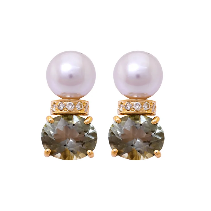 Wedding Jewelry Earrings-Earrings-Green Quartz,  South Sea Pearl and Diamond