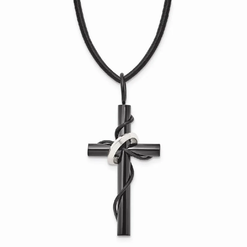 Delicate Pendant Necklaces-Stainless Steel Polished Black IP-plating Cross Leather Cord Necklace