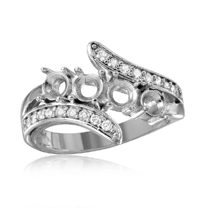 Custom Gemstone Wedding Bands-Silver 925 Rhodium Plated 3 Row CZ with 4 Round Mounting Ring - BGR00495