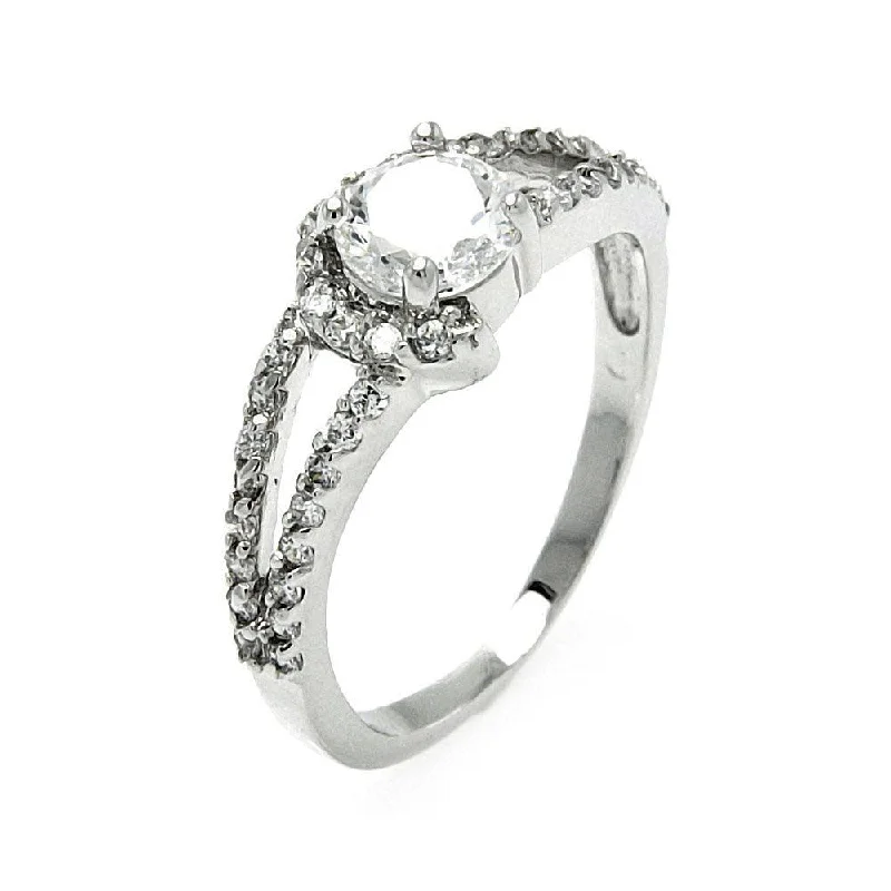 Modern Wedding Rings-Silver 925 Rhodium Plated Clear Round Center CZ Open Bridal Ring - BGR00569