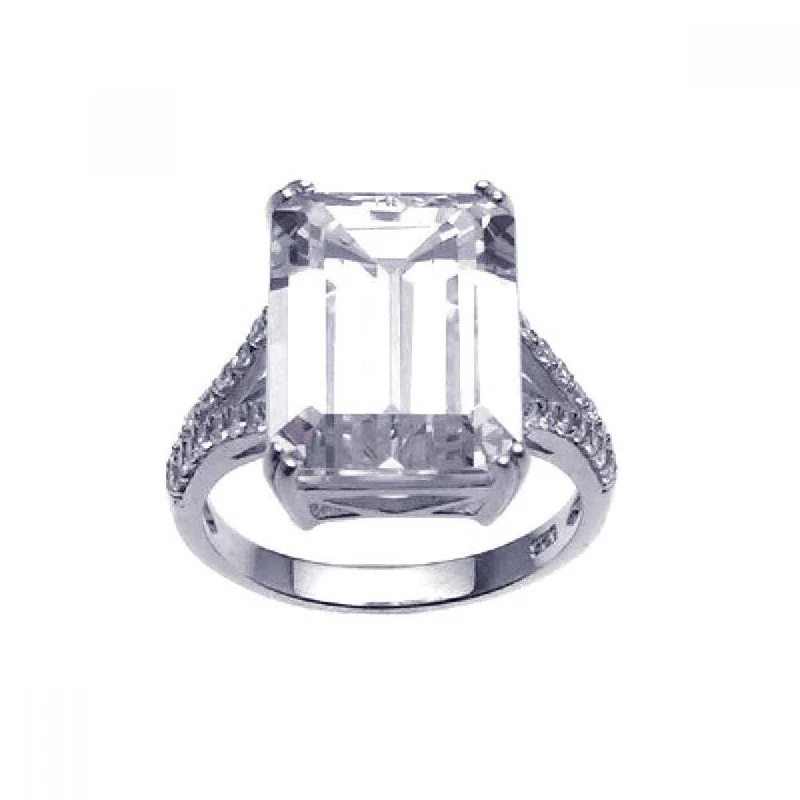 Modern Wedding Rings-Silver 925 Rhodium Plated Large Clear Square CZ Ring - STR00637