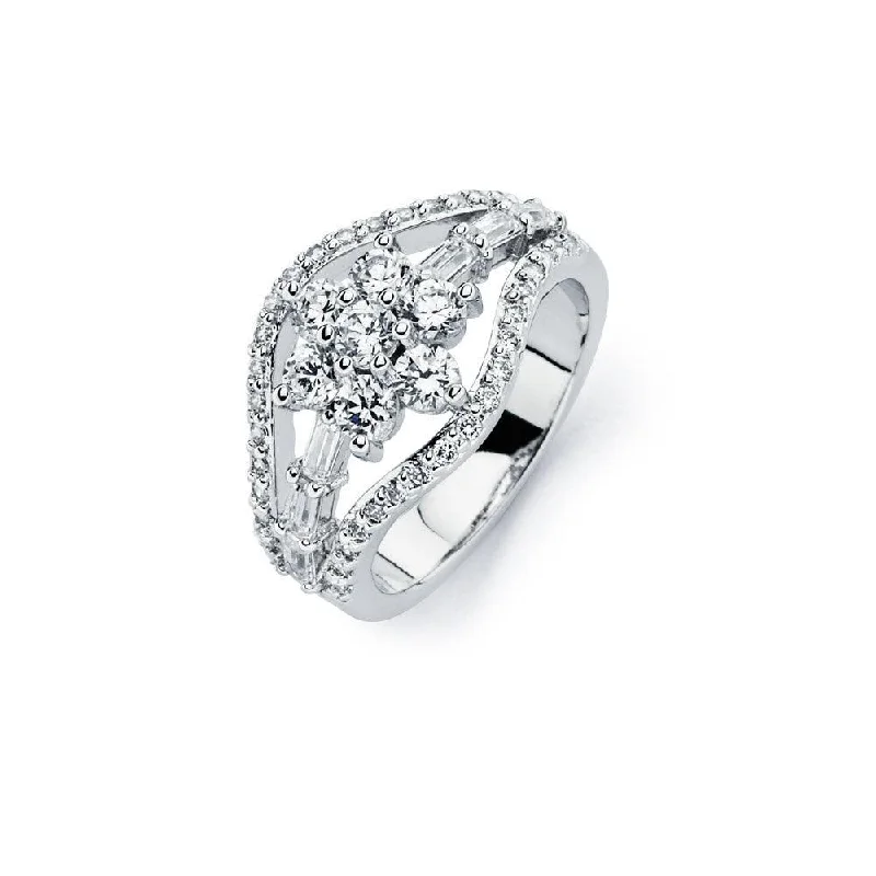 Affordable Wedding Rings-Silver 925 Rhodium Plated Clear CZ Flower Ring - BGR00721