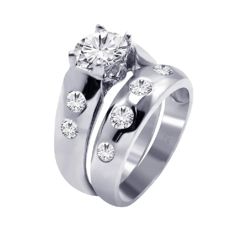 Fashionable Wedding Ring Sets-Silver 925 Rhodium Plated Round Clear CZ Engagement Ring Set - AAR0077