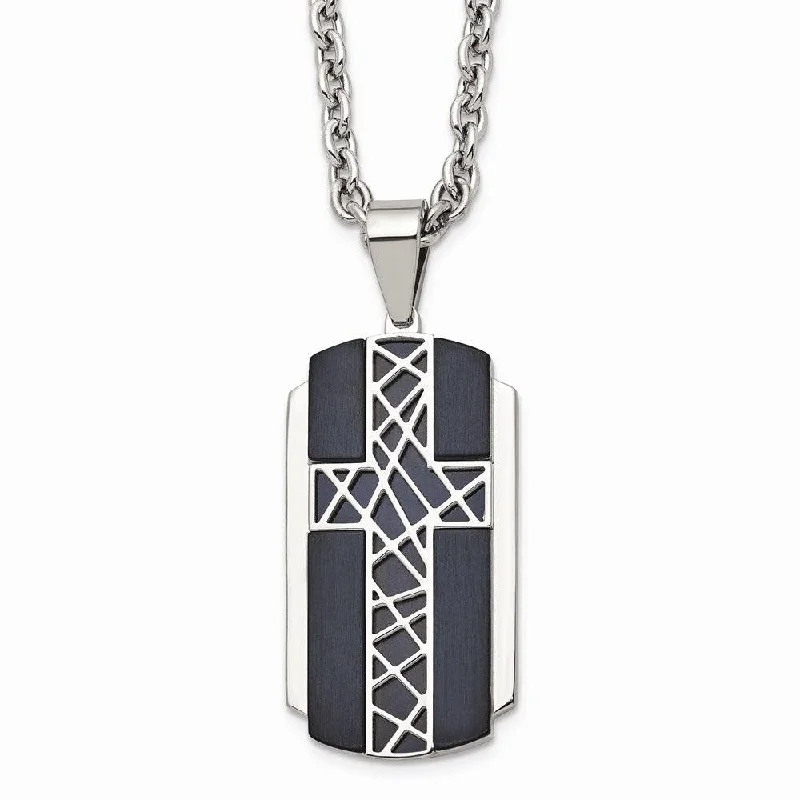 Designer Silver Necklaces-Stainless Steel Brushed and Polished Black IP-plated Cross Necklace