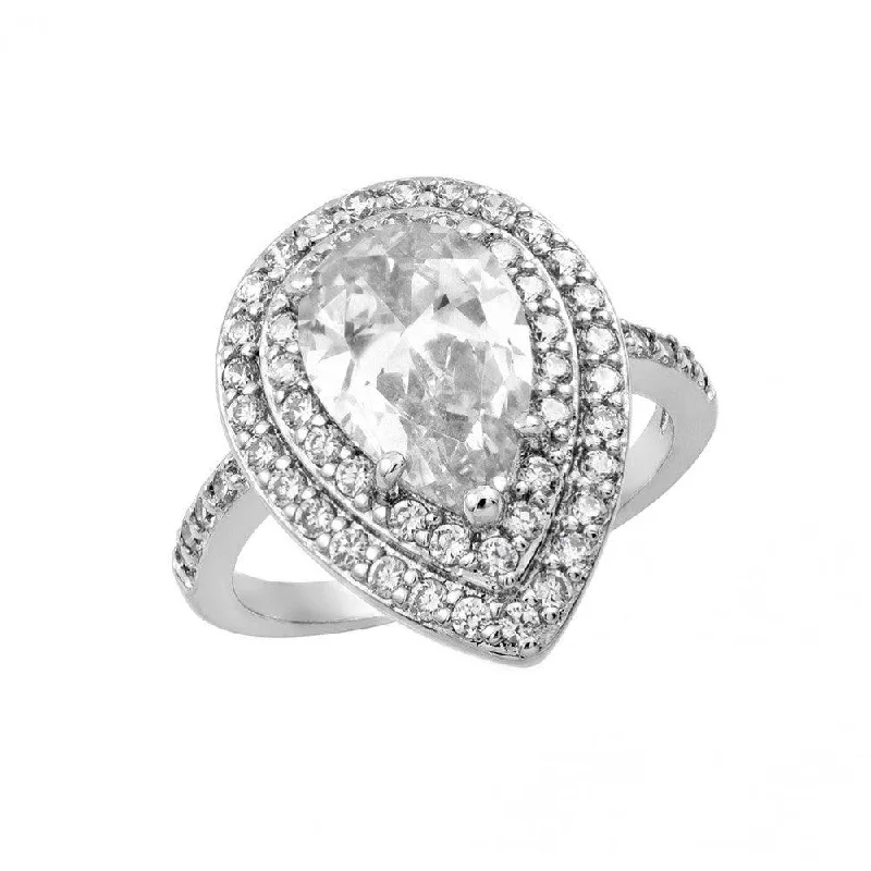 Men’s Engagement Rings-Silver 925 Rhodium Plated Clear Center and Cluster CZ Teardrop Ring - BGR00887CLR