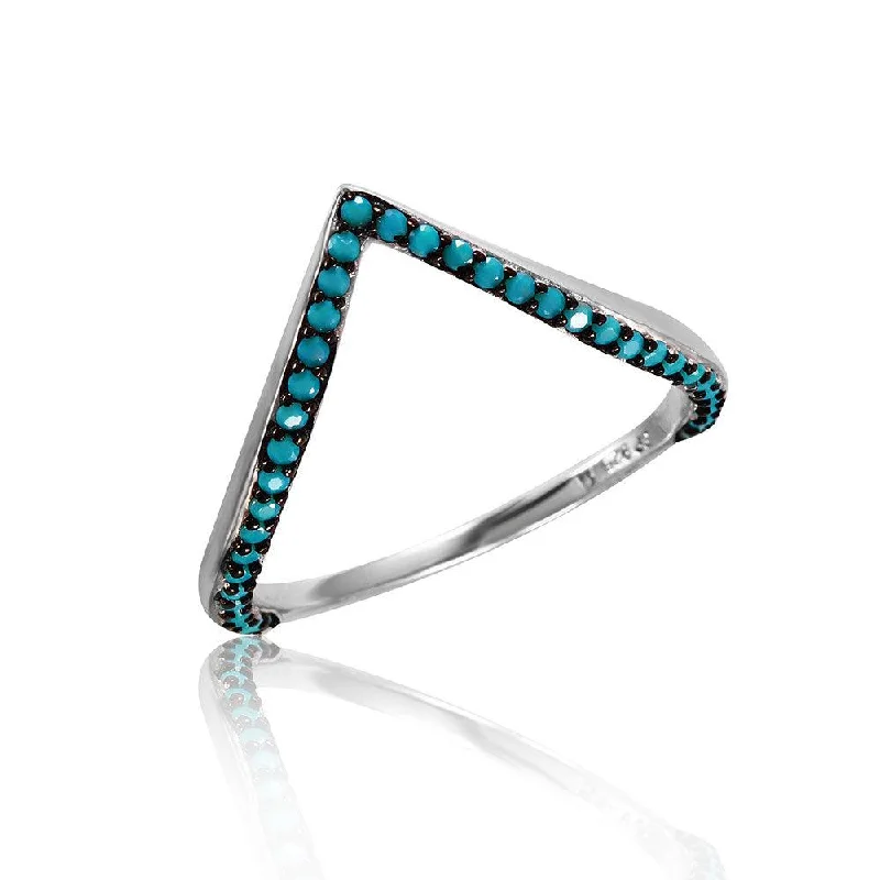 Bold Gemstone Rings-Silver 925 Rhodium Plated V Ring with Synthetic Turquoise Stones - STR01054