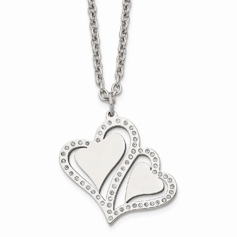 Bohemian Style Necklaces-Stainless Steel Polished Hearts with Crystals w/ 2.25in. Ext. Necklace