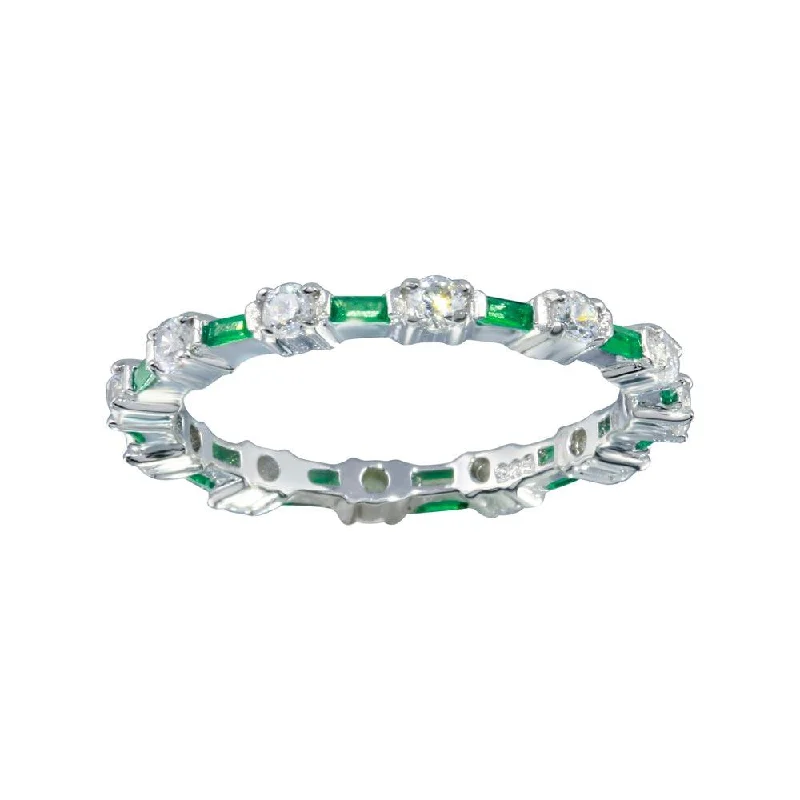 Designer Gemstone Rings-925 Sterling Silver Alternating Green Clear CZ Eternity Band - BGR01311GRN