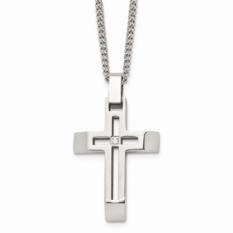 Stylish Gemstone Pendant Necklaces-Stainless Steel Brushed and Polished Cross with CZ Necklace