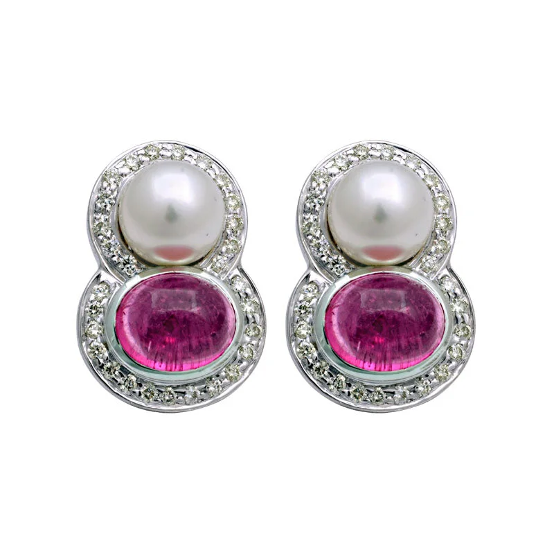 Wedding Drop Earrings-Earrings-Rubellite, South Sea Pearl and Diamond