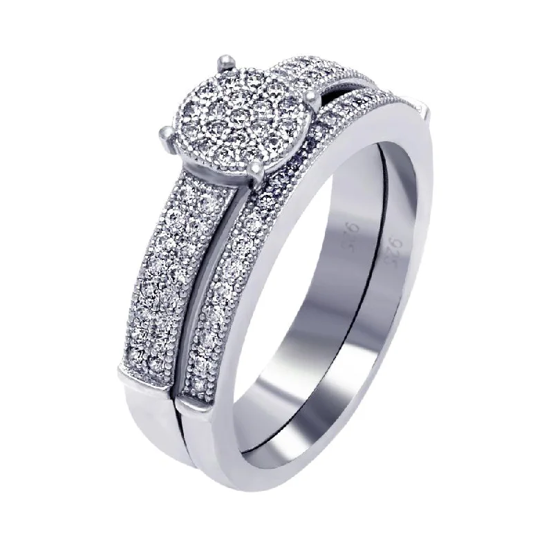 Men’s Wedding Bands-Silver 925 Rhodium Plated Micro Pave CZ Bridal Wedding Ring Set - ACR00053