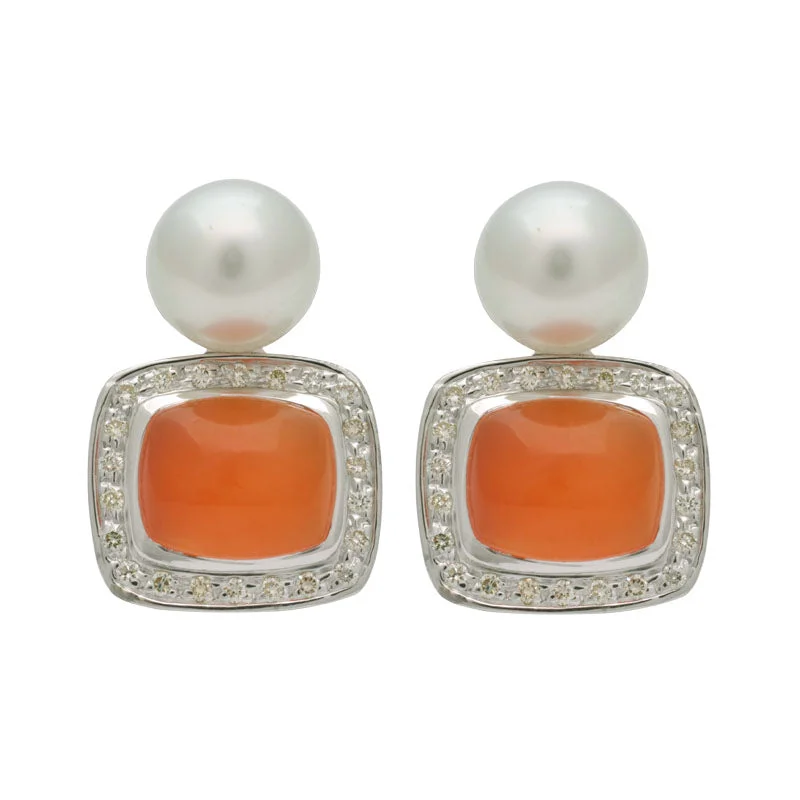 Elegant Stud Earrings-Earrings-Cornelian, South Sea Pearl and Diamond