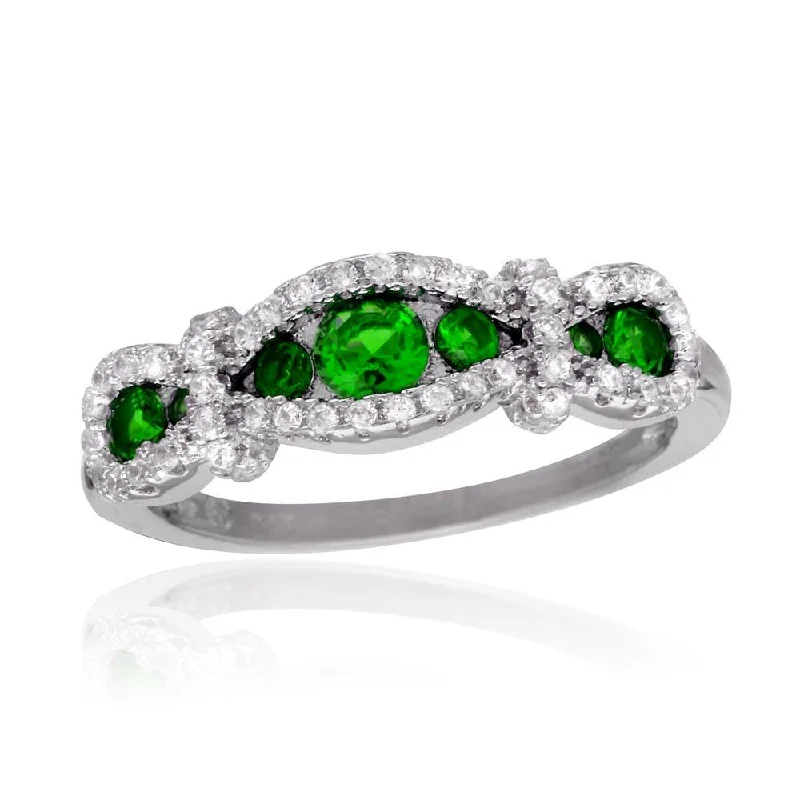 Designer Diamond Rings-Rhodium Plated 925 Sterling Silver Knotted Green CZ Ring - BGR01112GRN