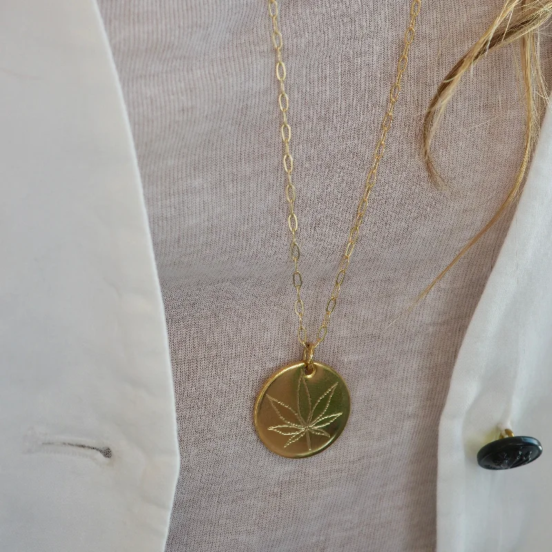 Large Gold Pendant Necklaces-CANNABIS LEAF 1" DISC NECKLACE